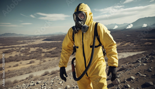 Person with a yellow anti radioactive chemical suit and a gas mask after a nuclear war with a devastated landscape photo