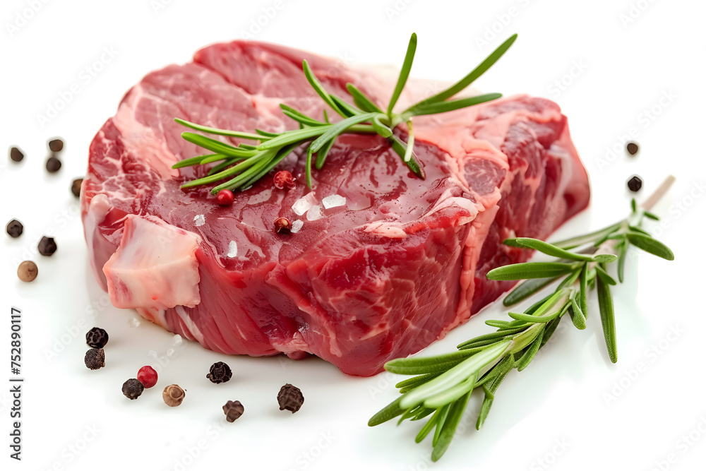 raw meat with rosemary and peppercorns on a white background