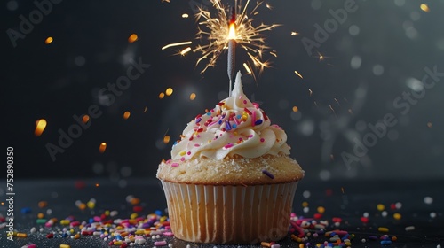 Cupcake decorated with colorful sprinkles and a sparkler