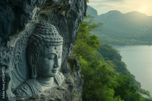 Buddha statues carved from rocks at the edge of the cliff. © Gun