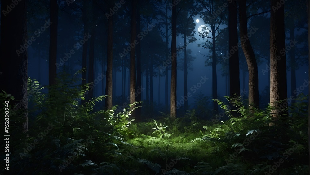 The image presents a serene and tranquil night scene in a dense, lush forest. The floor of the forest is covered with a variety of vibrant green ferns. 