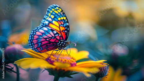 Different Colored Butterfly on Yellow Flower, Close up of a butterfly sitting on flower, Generative Ai