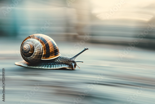 Snail crawling on wet road with motion blur background. Snail in motion