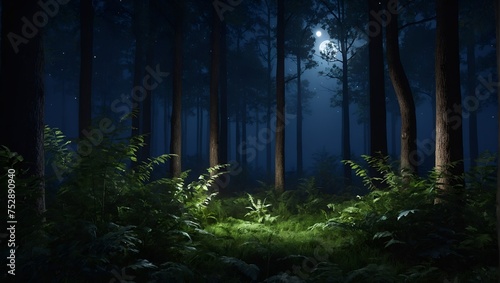 The image presents a serene and tranquil night scene in a dense  lush forest. The floor of the forest is covered with a variety of vibrant green ferns. 