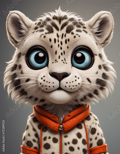 Cartoon white tiger in black spots with big blue eyes in a blouse.