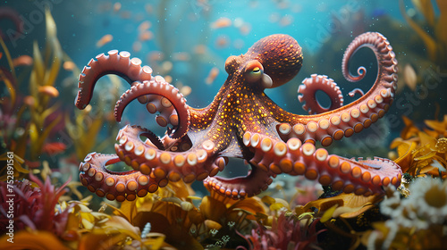 Clear underwater octopus, Common octopus, Polpo commune (Octopus vulgaris), ai generated © HayyanGFX