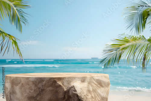 Empty top of natural stone table and blur tropical beach background. For product display
