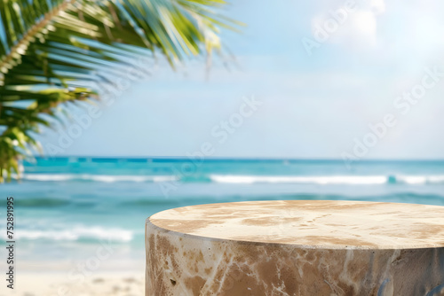 Empty top of natural stone table and blur tropical beach background