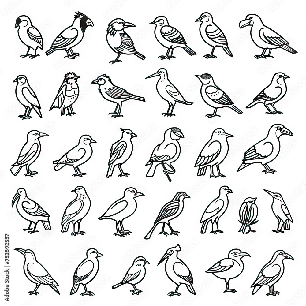 Obraz premium Avian Adventure - Birds from Every Continent. Sticker Collection. Multiple. Vector Icon Illustration. Icon Concept Isolated Premium Vector. Line Art. Black Outline. White Background.