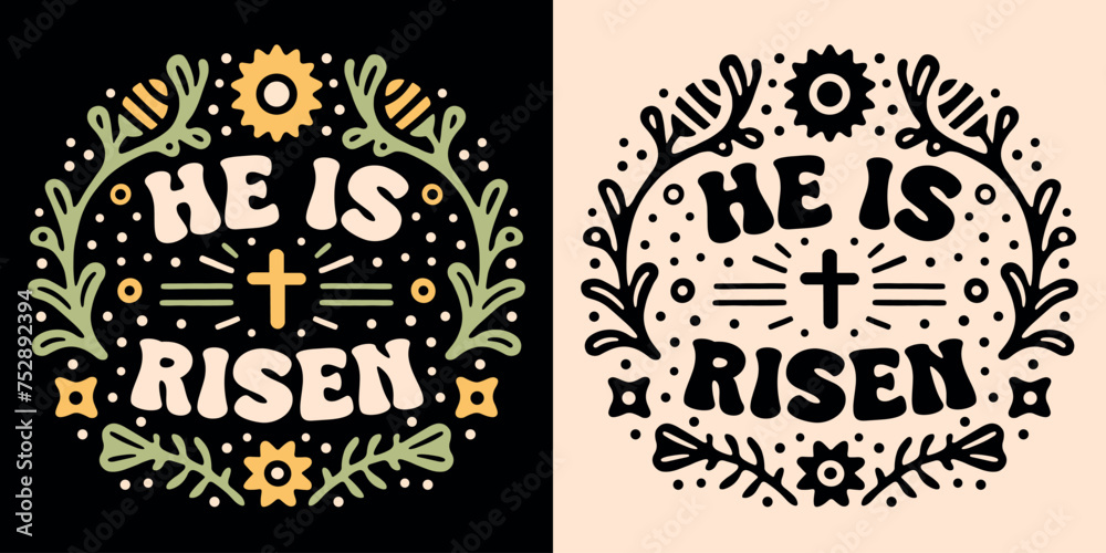 God Risen Bvector He is risen lettering card badge Jesus Easter. Retro groovy vintage ...