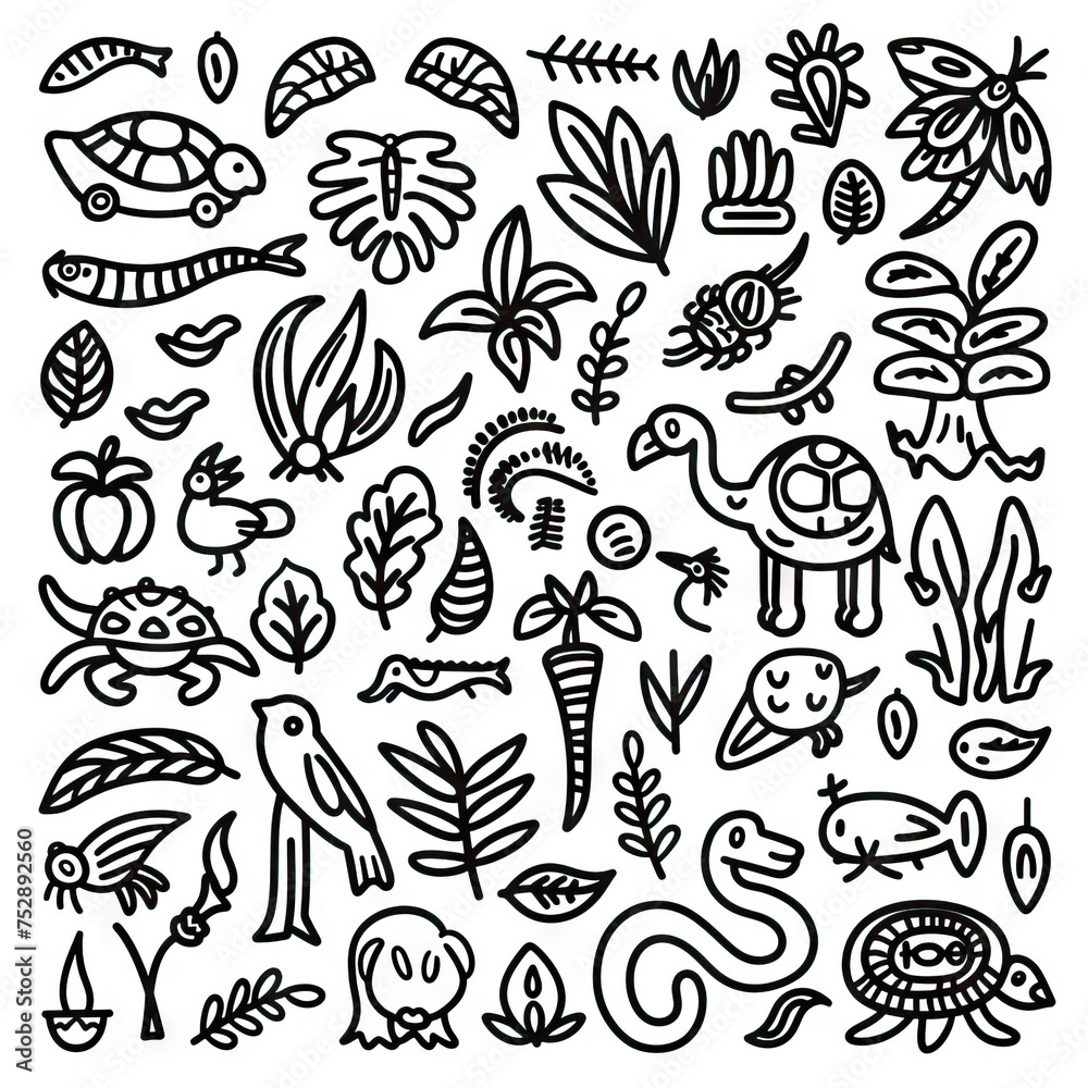 Obraz premium Rainforest Rendezvous - Biodiversity Galore. Sticker Collection. Multiple. Vector Icon Illustration. Icon Concept Isolated Premium Vector. Line Art. Black Outline. White Background. 