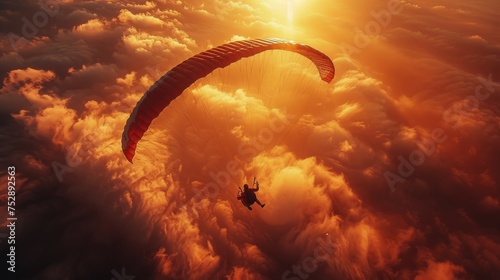 Red Parachute Soaring Through Cloudy Sky