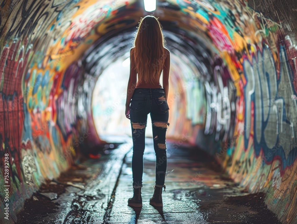 Fototapeta premium Stylish Girl in Colorful Graffiti Tunnel
