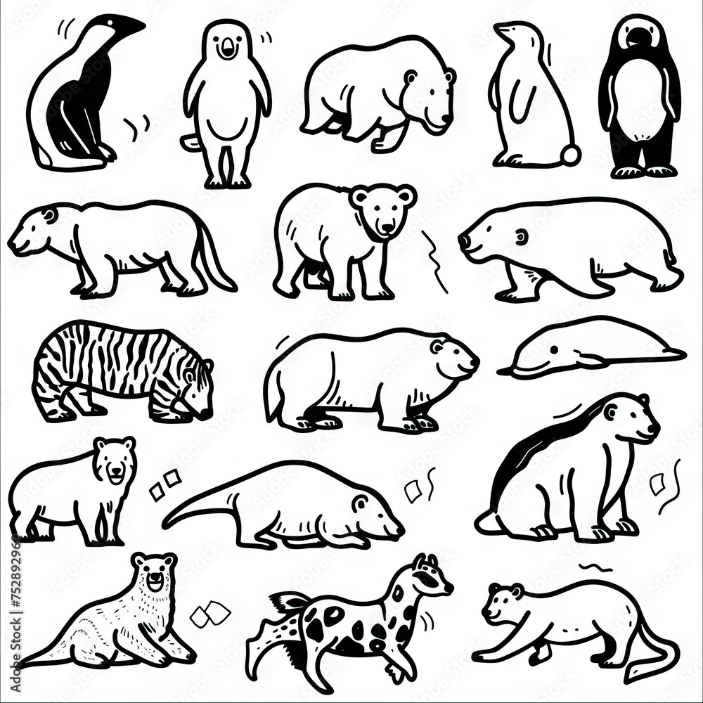 Fototapeta premium Polar Parade - Animals of the Polar Regions. Sticker Collection. Multiple. Vector Icon Illustration. Icon Concept Isolated Premium Vector. Line Art. Black Outline. White Background.