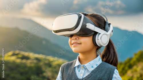 Young Asian girl listening to music with a virtual reality headset © Petruta