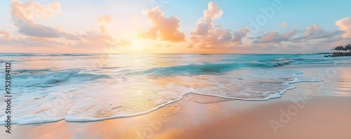 Gorgeous sunset over calm beach suitable for banner use. Concept Sunset Beach Banner, Tranquil Seascape, Calm Horizon View, Golden Hour Photography © Anastasiia