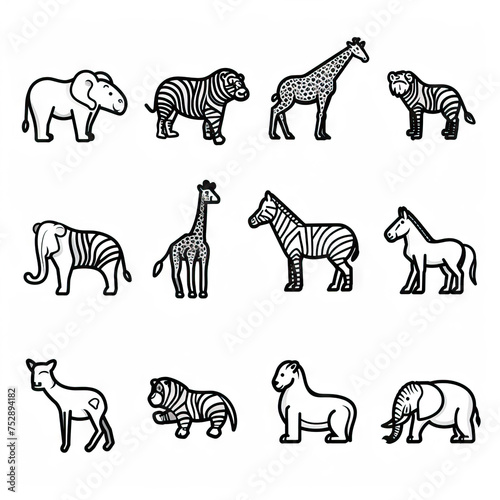Savannah Serenade - Iconic Animals of the Grasslands. Sticker Collection. Multiple. Vector Icon Illustration. Icon Concept Isolated Premium Vector. Line Art. Black Outline. White Background. 