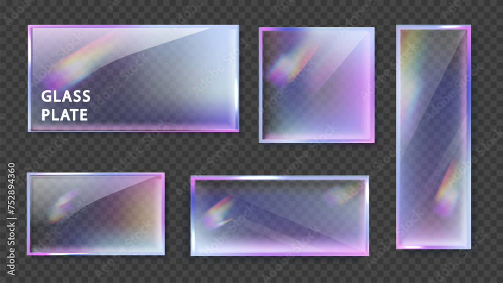 Crystal glass banner refraction and holographic effect isolated on black background. Transparent glass plate with overlay dispersion light, rainbow gradient