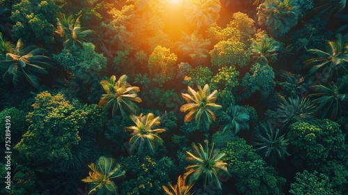 Aerial View of Tropical Forest at Sunset © olegganko