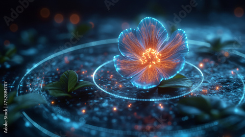 The flowers in a digital neon circle. digital technology and agriculture technology concept. future technology growing concepts. 