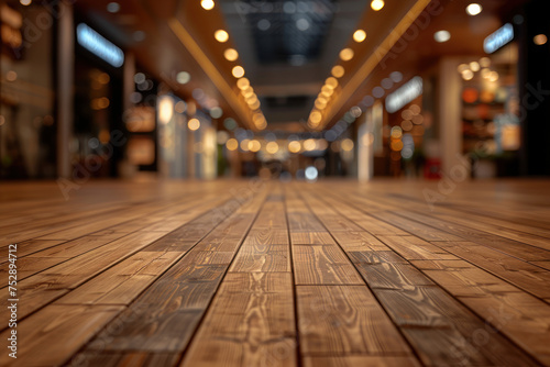 Perspective wood and blurred store with bokeh background