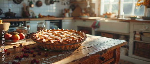 Country-style wooden kitchen table set with a homemade pie cooling on top © Seksan