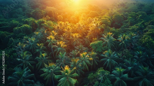 Aerial View of Tropical Forest at Sunset