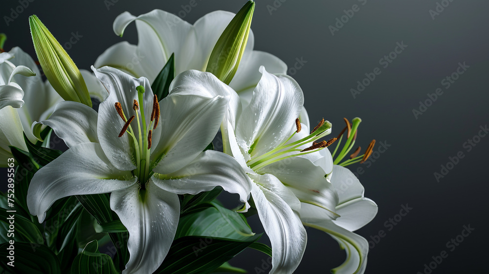 Obraz premium A bunch of fresh, white lilies, their elegance and purity highlighted in crisp 4K HDR against a solid charcoal gray background, creating a striking image.
