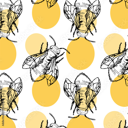 Hand drawn vintage bee and round elements pattern