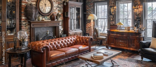 Elegant living room with leather sofa set, brick fireplace, antique wooden cabinet and lots of decor.