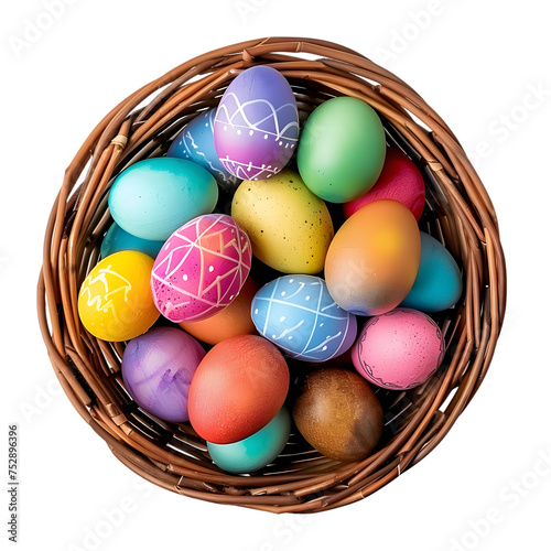 Basket full of colorful Easter eggs, top view, isolated on white background, denoting Easter traditions and hunts 