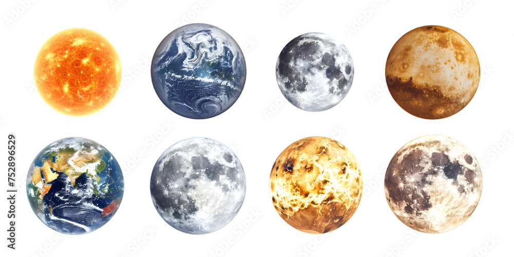 Celestial body collection, sun, planet earth, moon, mars and saturn, isolated on a white or transparent background 
