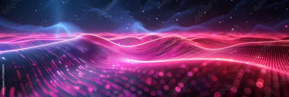 Fototapeta premium Vibrant digital wave landscape with particles. A high-quality 3D render of a dynamic digital wave landscape with illuminated particle dots creating a cosmic atmosphere.