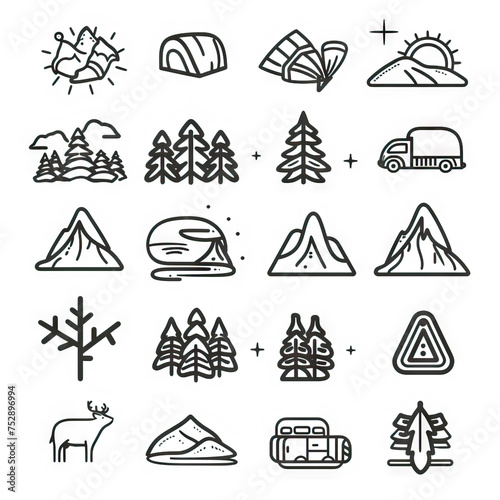 Wilderness Wonders - Natural Nostalgia. Sticker Collection. Multiple. Vector Icon Illustration. Icon Concept Isolated Premium Vector. Line Art. Black Outline. White Background. 