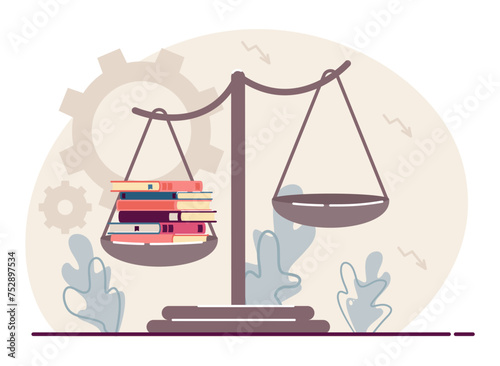 Scales with empty weighing pan and pan with legal books. Symbol of reducing number of lawyers. Vector illutration. Education, trial without lawyer concept