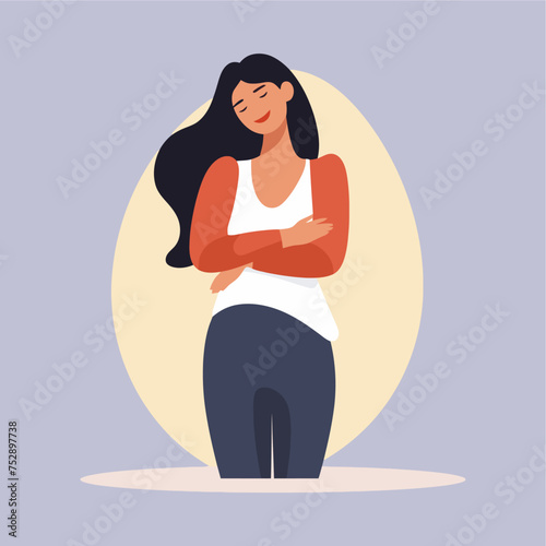 woman hugging herself flat vector illustration