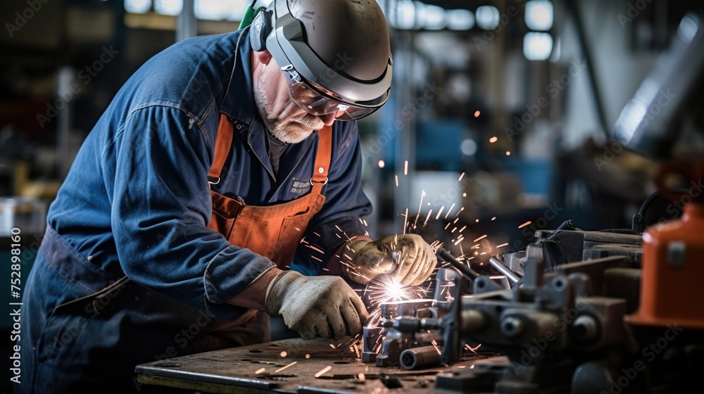 A skilled worker with protective gear engages in welding, showcasing craftsmanship and industrial work, suitable for educational or trade-oriented content