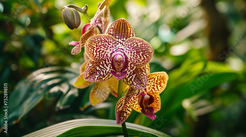 A close-up of a single, perfect orchid in a garden greenhouse, its intricate pattern and vivid color captured in crisp 4K HDR, set against a backdrop of lush green leaves.