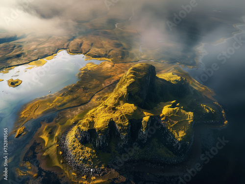 Luftbild von eine vulkanisch geprägten Seenlandschaft mit wolkenverhangenem Gebirge im Hintergrund