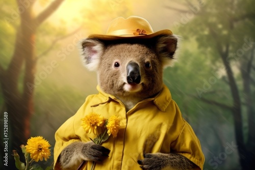 stylish koala in a yellow dress hat