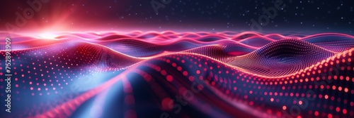 Vibrant digital wave landscape with particles. A high-quality 3D render of a dynamic digital wave landscape with illuminated particle dots creating a cosmic atmosphere.