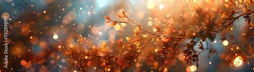 Autumn Tree Branch with Lights and Shiny Leaves, To provide a unique and festive autumn-themed desktop wallpaper or home decor piece