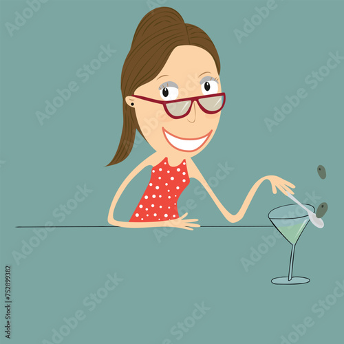 Woman with glasses having fun drinking a cocktail. Vector Illustration.
