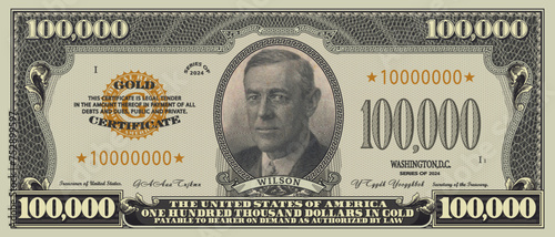 Vector fictional obverse of a US 100000 dollars gold certificate. Pixel mosaic portrait of Woodrow Wilson.