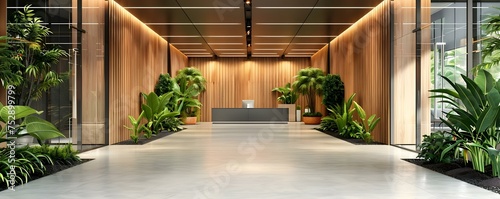 Stylish and elegant office hallway with modern plant decor and lighting, blending sophistication with nature. Concept Office Decor, Stylish Lighting, Modern Plant Decor, Sophisticated Design