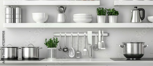 Stainless steel utensils and appliances on countertop in modern kitchen with white shelf and wall