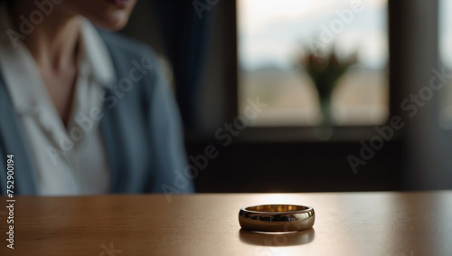 Engagement ring on the table on a blurred background with a woman sitting at the table, divorce concept.