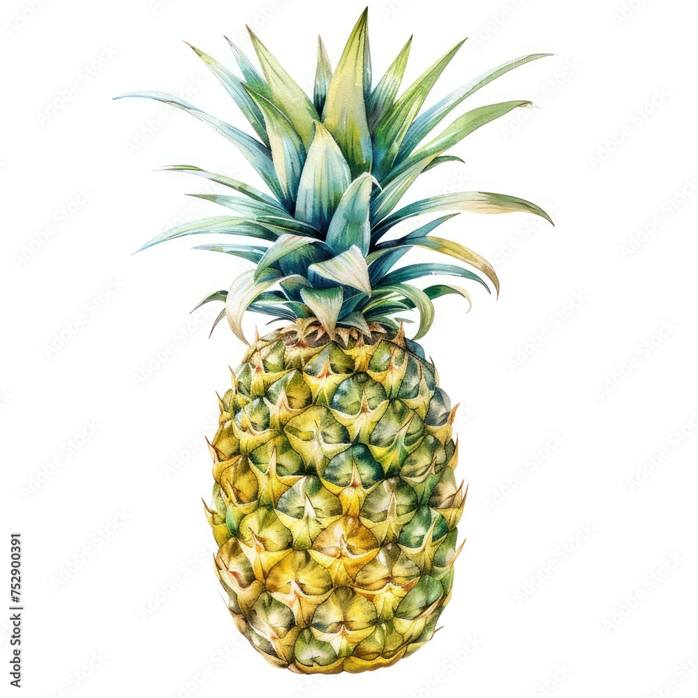 Fototapeta premium Realistic Watercolor Pineapple Illustration Detailed watercolor painting of a pineapple with a textured skin and lush green leaves.