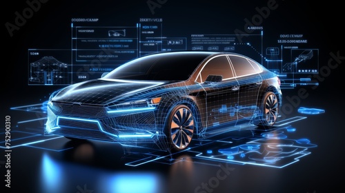 Futuristic augmented reality car wireframe concept on blurred background with copy space