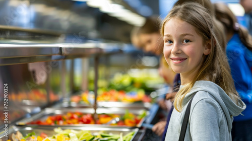 Young friendly girl smiles in school canteen over offer of vegetable salads